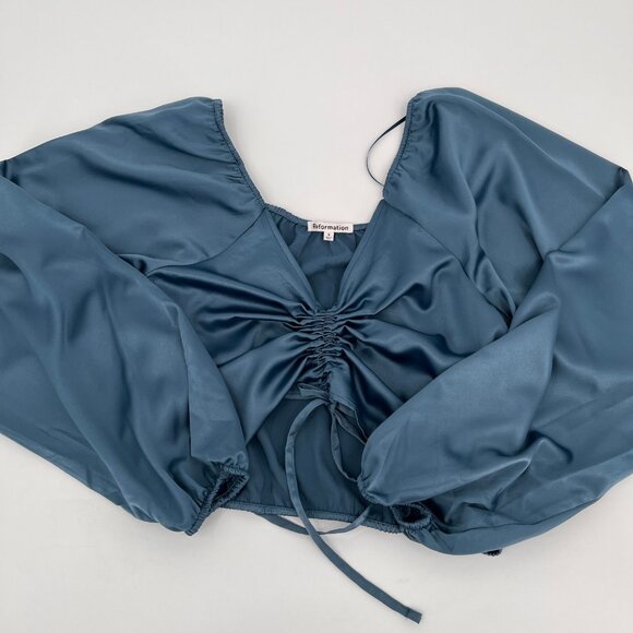 Reformation Long Sleeve Crop Top Size 4 Blue Ruched V-Neck Linen Blouse - Picture 4 of 9